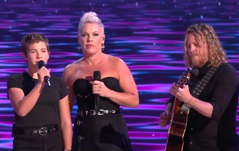 Pink shares an emotional stage with her daughter for a moving rendition of “What About Us”